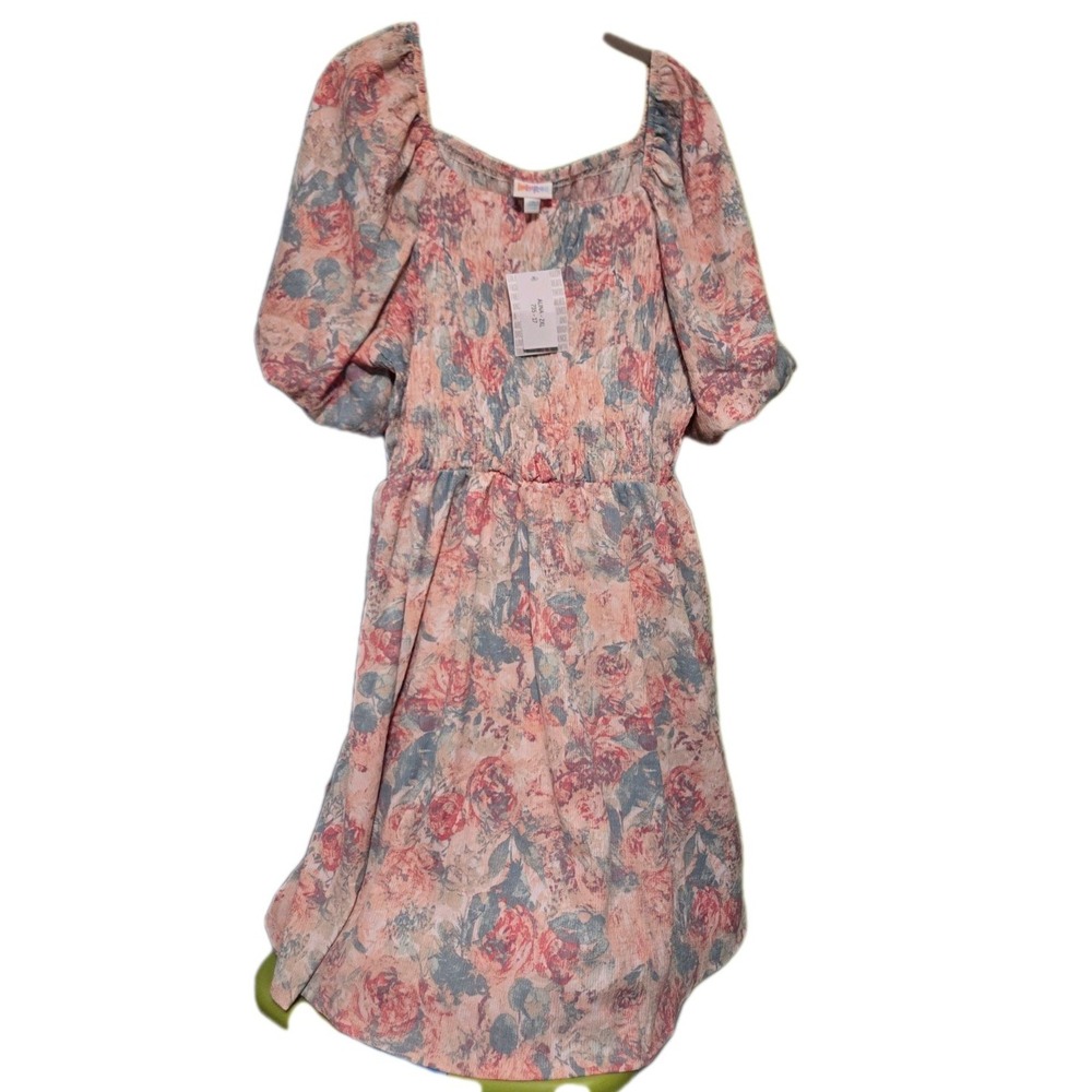 Lularoe 2XL Pink Floral Alina Puff Sleeve Smocked Nap Dress Knee Length‎ NWT